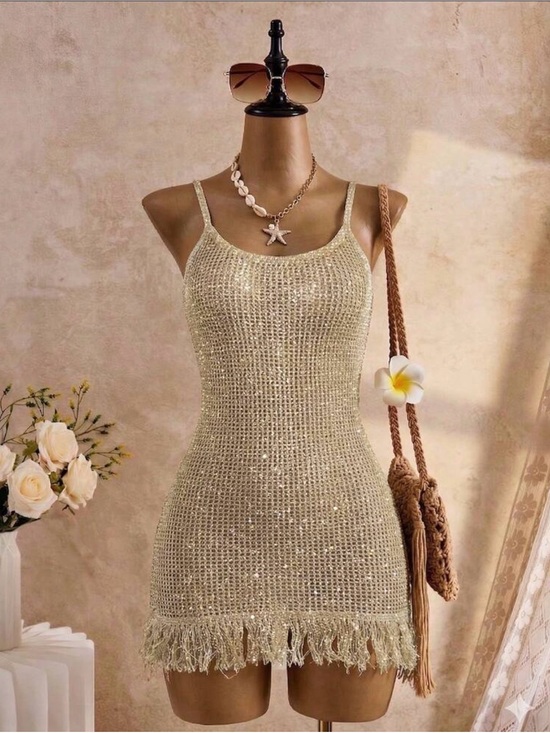 SHEIN Dresses & Skirts - Sleeveless Metallic Fringe Mini Dress in Champagne